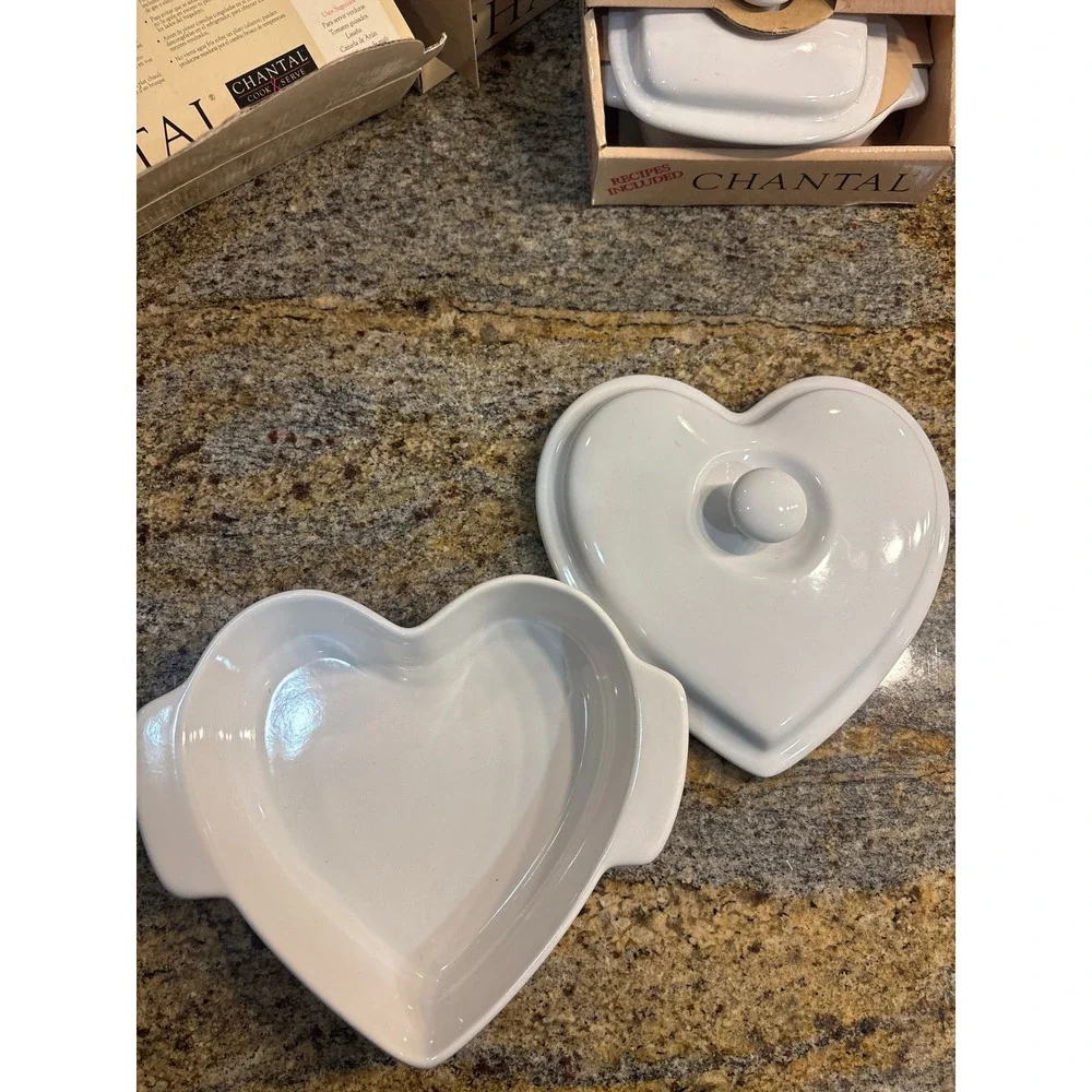 Vintage Chantal Stoneware Bakeware Set Heart Casserole Mini Loaf Pans White 4pc